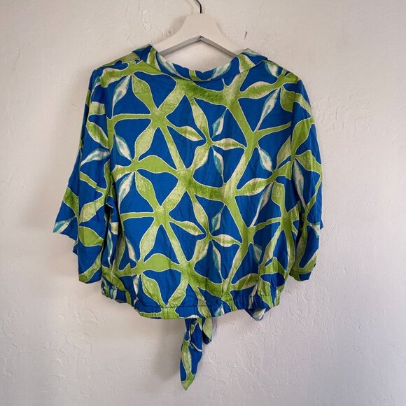 Haute Hippie Womens Tie-Front Button-Up Blouse XL Blue & Green Leaf Print NWOT - Picture 2 of 9